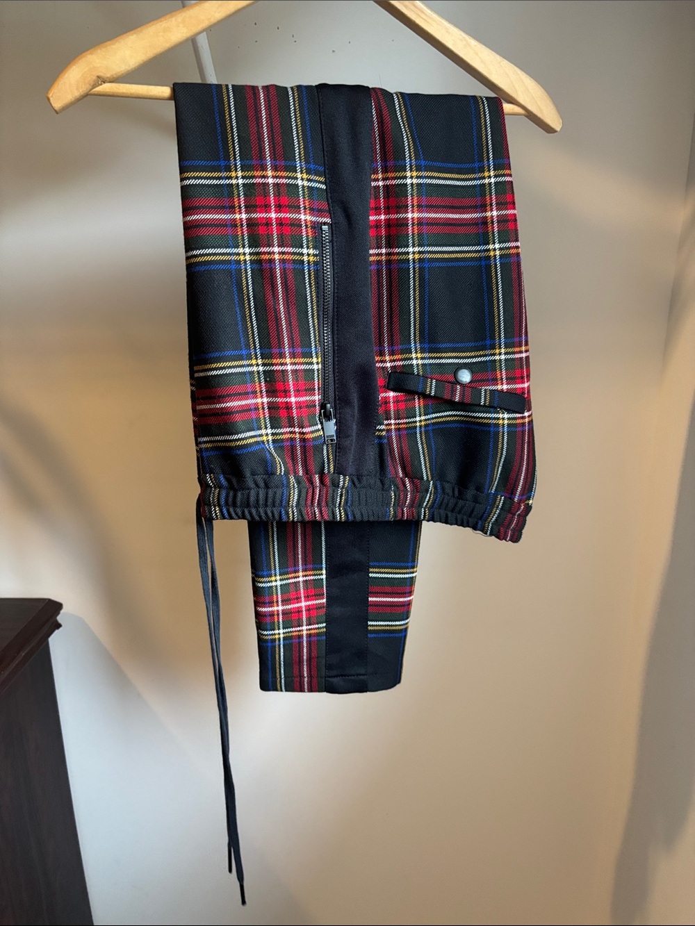 Men's Black and Red Tartan Jogger Pants with Side Zip